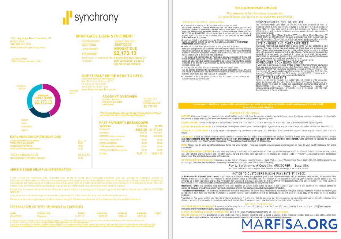 Blank USA Synchrony Bank mortgage loan statement in Word and PDF formats , 4 pages 1 2 sample